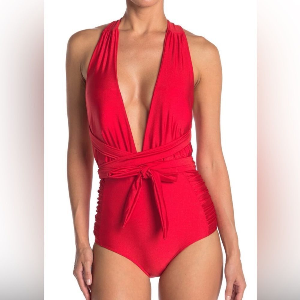 NWT Nicole Miller 1 PC Convertible w Side Ruching Swimsuit in High Risk Red Sz S